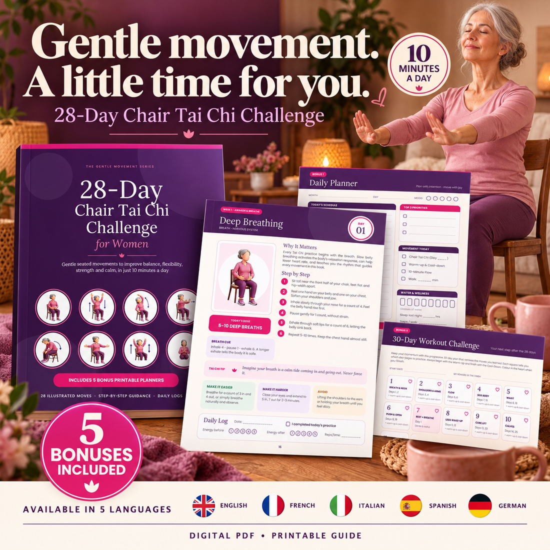 Chair Tai Chi – 28-Day Challenge + 5 Bonuses | PDF in 5 Languages